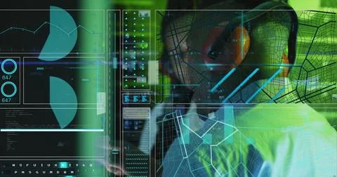 Image of data processing over african american workers in server room Stockfoto's