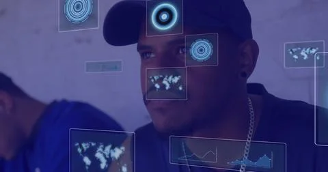 Image of data processing over african american man sitting Stock Photos