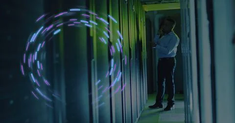 Image of data processing over african american male it technician by computer Stock Photos