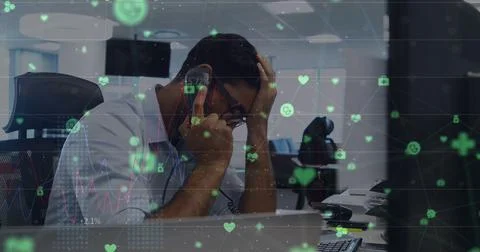 Image of data processing over african american businessman in office Stock Photos