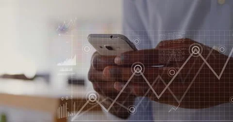 Image of data processing over african american man using smartphone Stock Photos