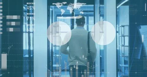 Image of data processing over african american businessman walking Stock Photos