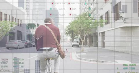 Image of data processing over african american businessman cycling Stock Photos