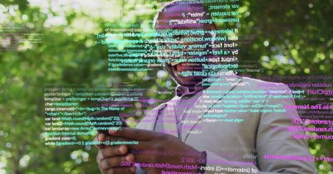 Image of data processing over african american businessman using smartphone Stock Photos