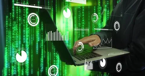 Image of data processing over african american man using laptop by computer Stock Photos