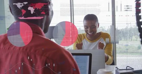 Image of data processing over african american business people in office Stock Photos