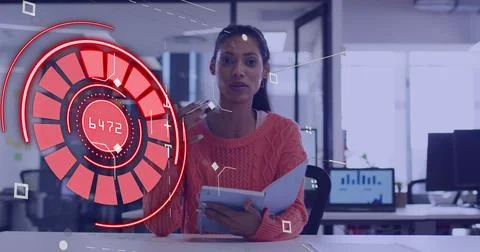 Image of data processing over african american businesswoman in office Stock Photos