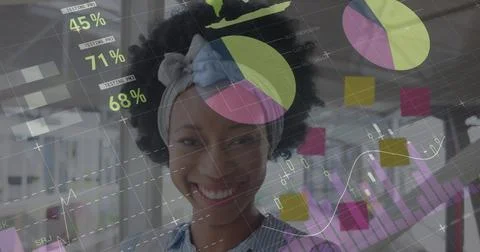 Image of data processing over african american businesswoman smiling Stock Photos