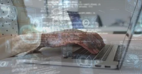 Image of data processing over african american businesswoman using laptop Stock Photos
