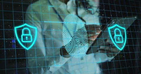 Image of data processing over african american businesswoman using tablet Stock Photos