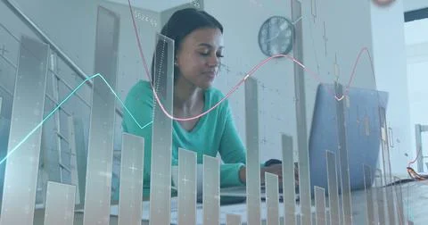 Image of data processing over african american woman calculating finance using Stock Photos
