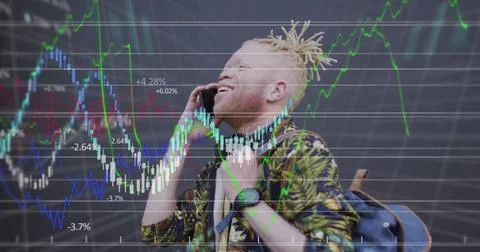 Image of data processing over albino african american man using smartphone Stock Illustration