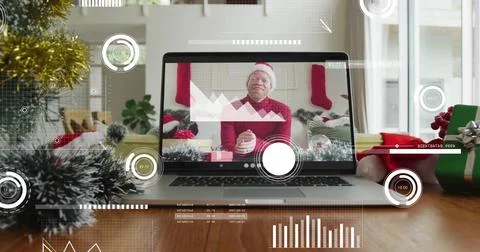 Image of data processing over albino african american man having christmas image Foto stock