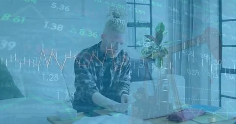 Image of data processing over albino african american man using laptop Foto stock