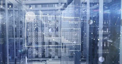 Image of data processing over and diagrams server room 스톡 사진