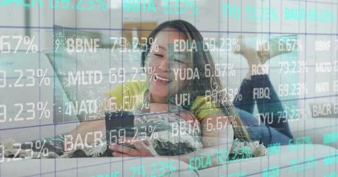 Image of data processing over asian woman using smartphone Stock Illustration