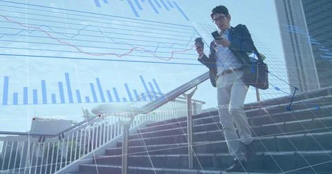 Image of data processing over asian man using smartphone while climbing down the Stock Illustration