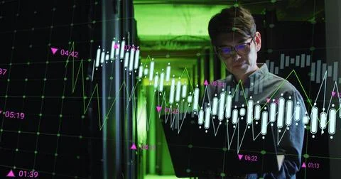 Image of data processing over asian male it engineer by computer servers Stock Photos