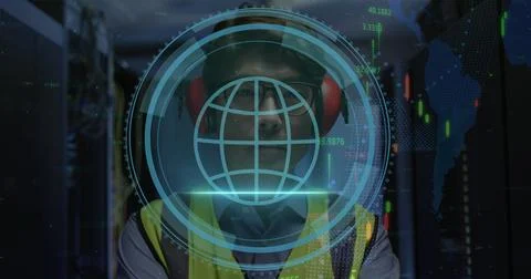 Image of data processing over asian male worker in server room Stock Photos