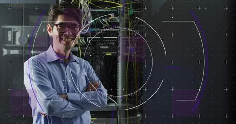 Image of data processing over asian male it engineer and computer servers Foto stock