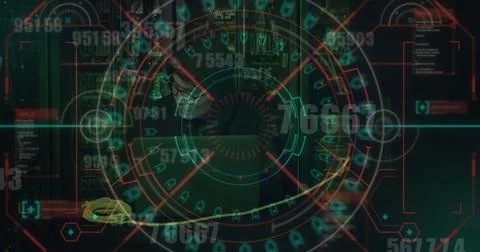 Image of data processing over asian male hacker using laptop by computer servers 스톡 사진