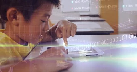 Image of data processing over asian schoolboy using tablet Foto stock