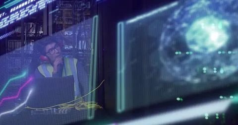 Image of data processing over asian male worker in server room Stock Photos