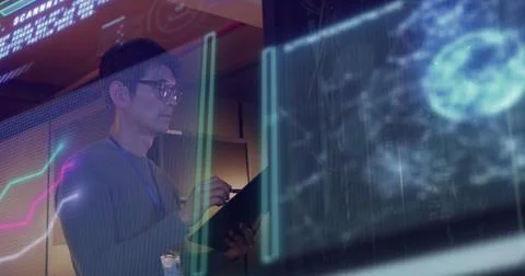 Image of data processing over asian male worker in server room Stock Photos