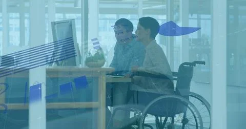 Image of data processing over asian businessman and businesswoman 写真素材