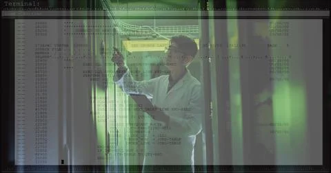 Image of data processing over asian man in server room Foto stock