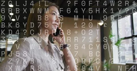 Image of data processing over asian businesswoman using smartphone Stock Photos