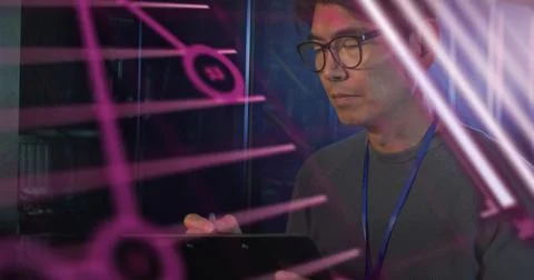 Image of data processing over asian male it technician by computer server Stock Photos