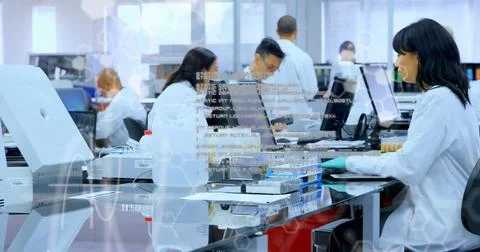 Image of data processing over asian female scientist using computer Stock Photos