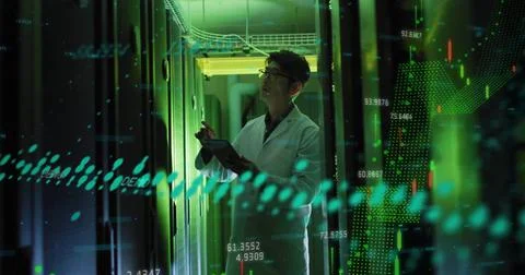 Image of data processing over asian male it engineer by computer servers Stock Photos