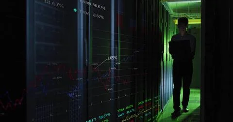 Image of data processing over asian male it engineer by computer servers Foto stock