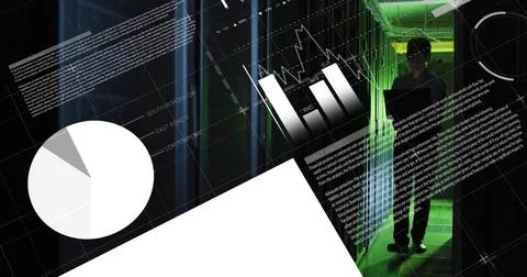 Image of data processing over asian male it engineer by computer servers Foto stock