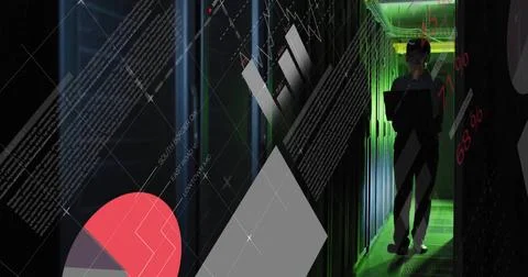 Image of data processing over asian male it engineer by computer servers Foto stock