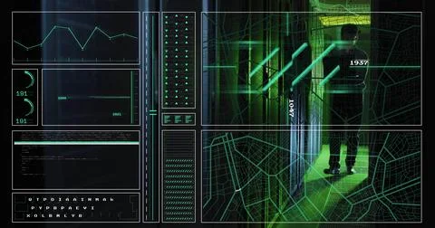 Image of data processing over asian male worker in server room 스톡 사진
