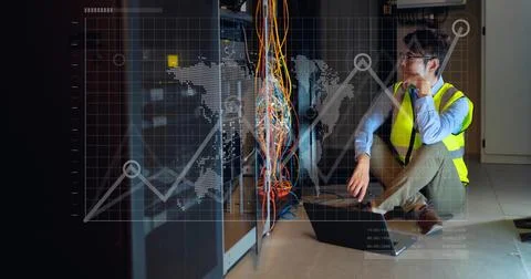 Image of data processing over asian male it technician with laptop over computer Stock Photos