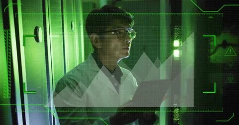 Image of data processing over asian male it technician with tablet over computer 스톡 사진