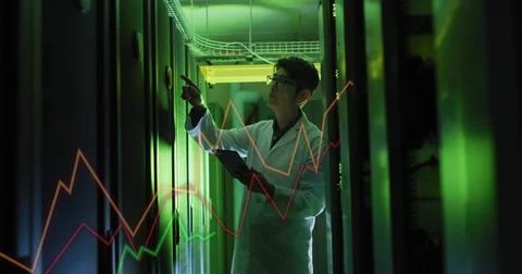 Image of data processing over asian male it technician with tablet over computer 스톡 사진