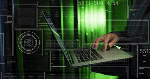 Image of data processing over asian male it technician with laptop over computer 스톡 사진
