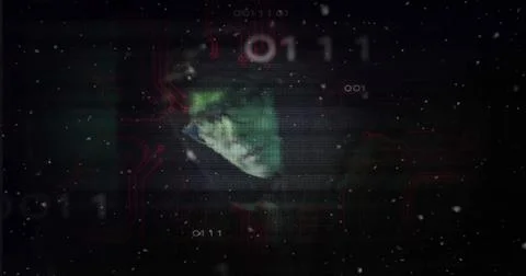 Image of data processing over asian male hacker on black background Stock-Fotos
