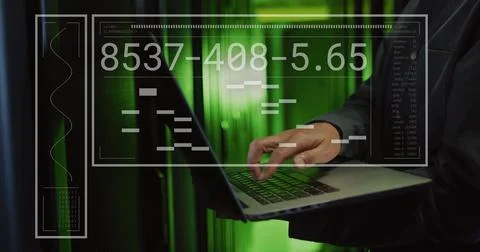 Image of data processing over asian male it engineer using laptop Foto stock