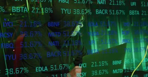 Image of data processing over asian male hacker with laptop by computer servers Stock Photos