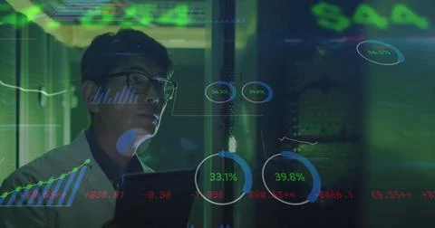 Image of data processing over asian male it engineer with tablet by computer 스톡 사진