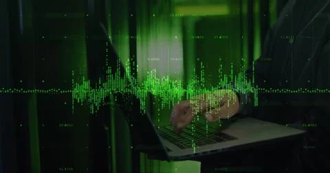 Image of data processing over asian it technician using laptop by computer 스톡 사진