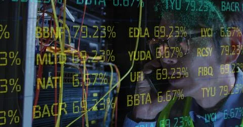 Image of data processing over asian male it engineer with smartphone by computer Stock Photos