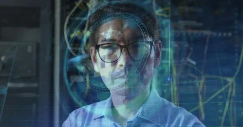 Image of data processing over asian male worker in server room 写真素材