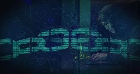 Image of data processing over asian male hacker in server room 스톡 사진